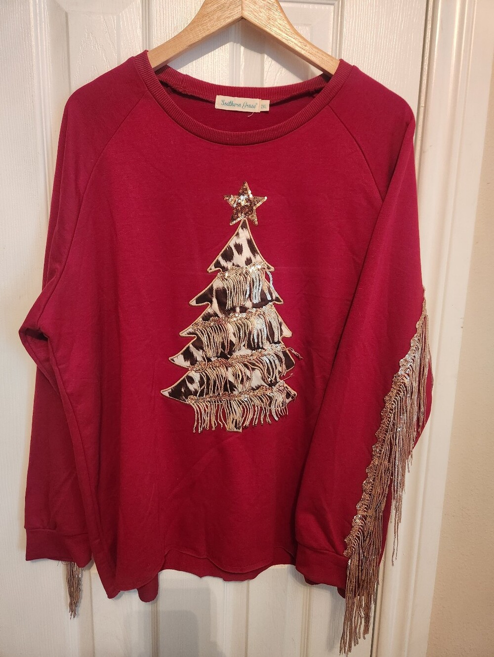 Southern Grace Christmas Sweater Size 2XL Christmas Tree And Fringe Sleeves Red